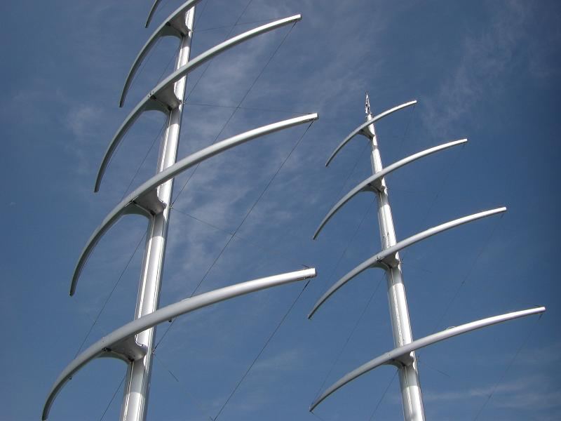 Looking up at the curved yards of the Maltese Falcon's free-standing masts