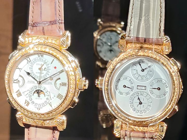 Two views of the rose gold Patek Philippe Grandmaster Chime 5175R showing its hand-engraved case and two different dials