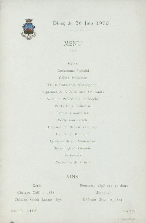 A printed Hôtel Ritz dinner menu dated 26 June 1900 listing courses and wines